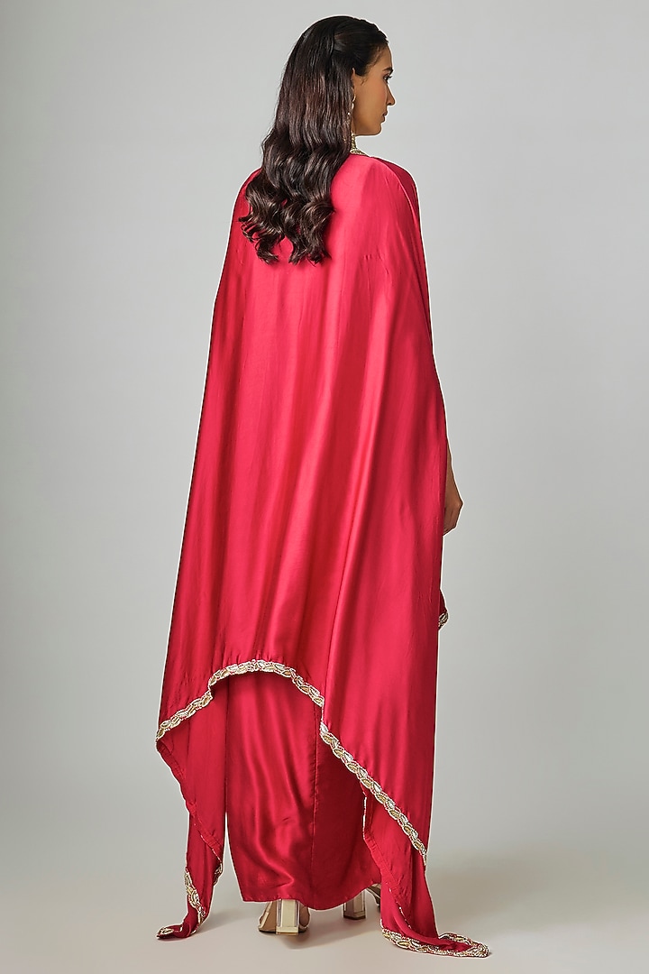 Red Silk Satin Draped Skirt Set by Rashi Kapoor at Pernia's Pop Up Shop