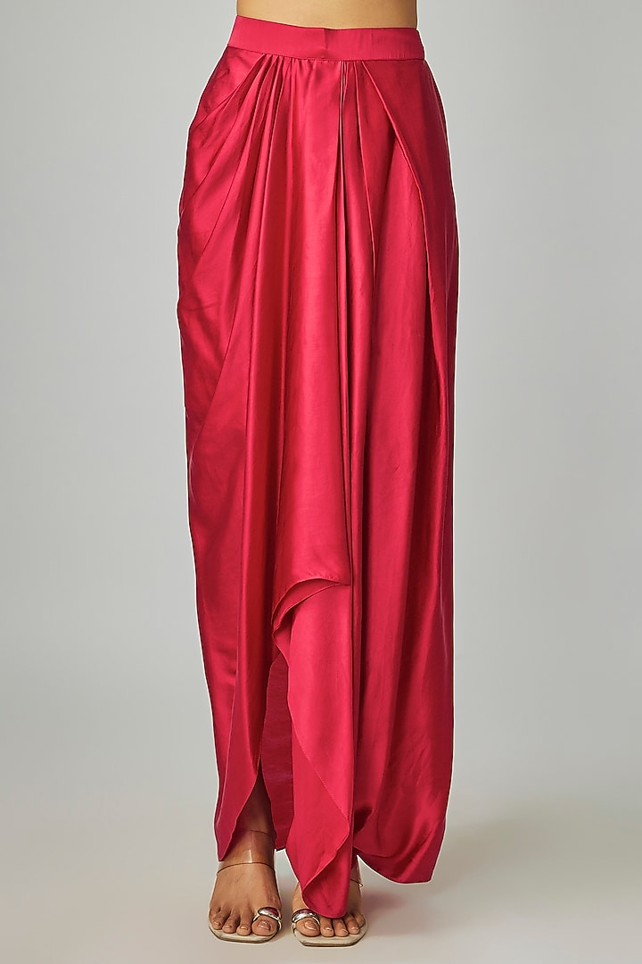 Red Silk Satin Draped Skirt Set by Rashi Kapoor at Pernia's Pop Up Shop