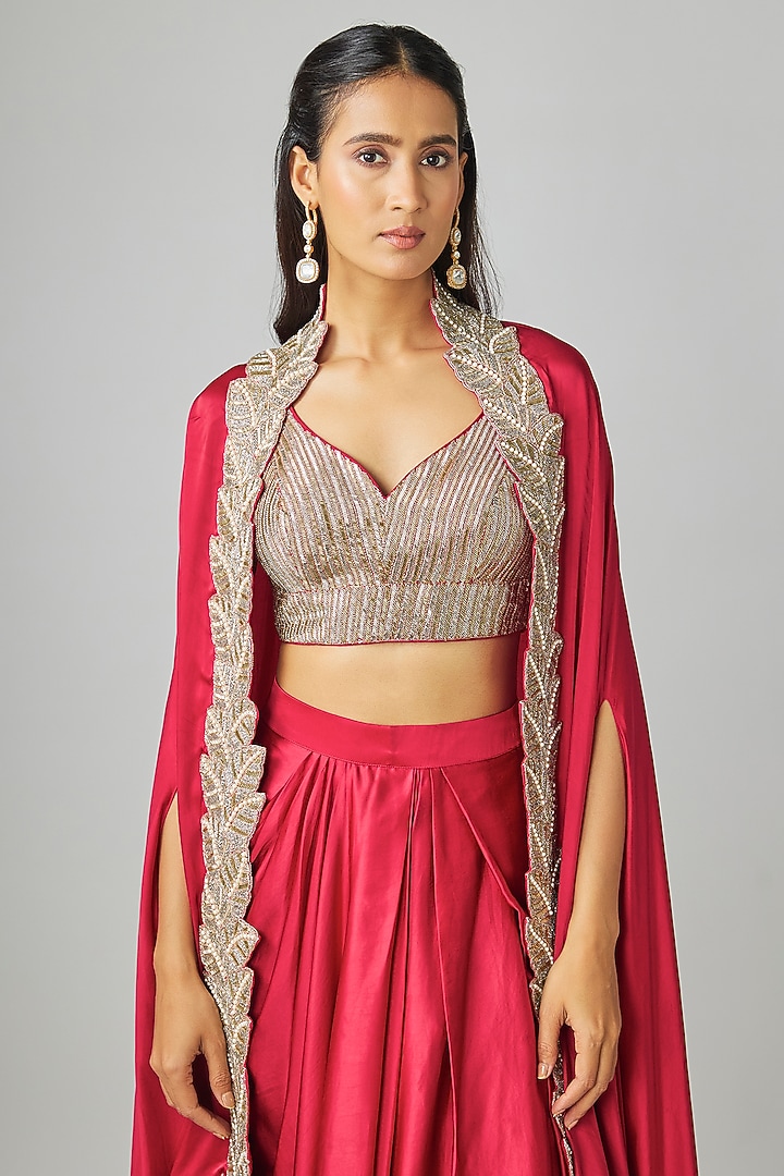 Red Silk Satin Draped Skirt Set by Rashi Kapoor at Pernia's Pop Up Shop