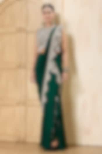 Bottle Green Georgette Embroidered Draped Reception Saree Set by Rashi Kapoor at Pernia's Pop Up Shop