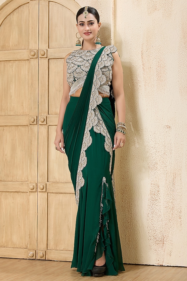 Bottle Green Georgette Embroidered Draped Reception Saree Set by Rashi Kapoor at Pernia's Pop Up Shop