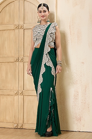 Bottle Green Georgette Embroidered Draped Saree Set by Rashi Kapoor