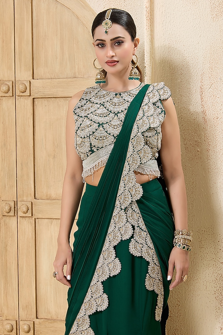 Bottle Green Georgette Embroidered Draped Reception Saree Set by Rashi Kapoor at Pernia's Pop Up Shop