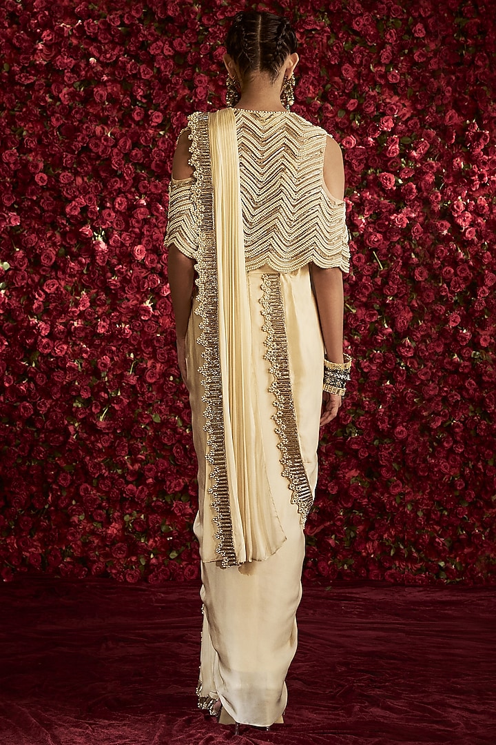 Ivory Silk Satin & Dupion Bead Work Jacket Saree Set by Rashi Kapoor at Pernia's Pop Up Shop