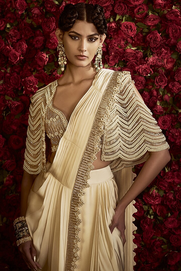 Ivory Silk Satin & Dupion Bead Work Jacket Saree Set by Rashi Kapoor at Pernia's Pop Up Shop