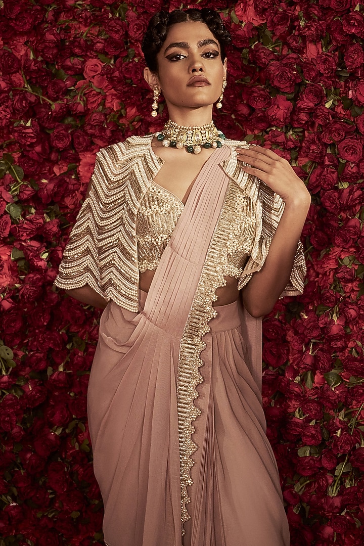Taupe Silk Satin & Dupion Bead Work Jacket Saree Set by Rashi Kapoor at Pernia's Pop Up Shop