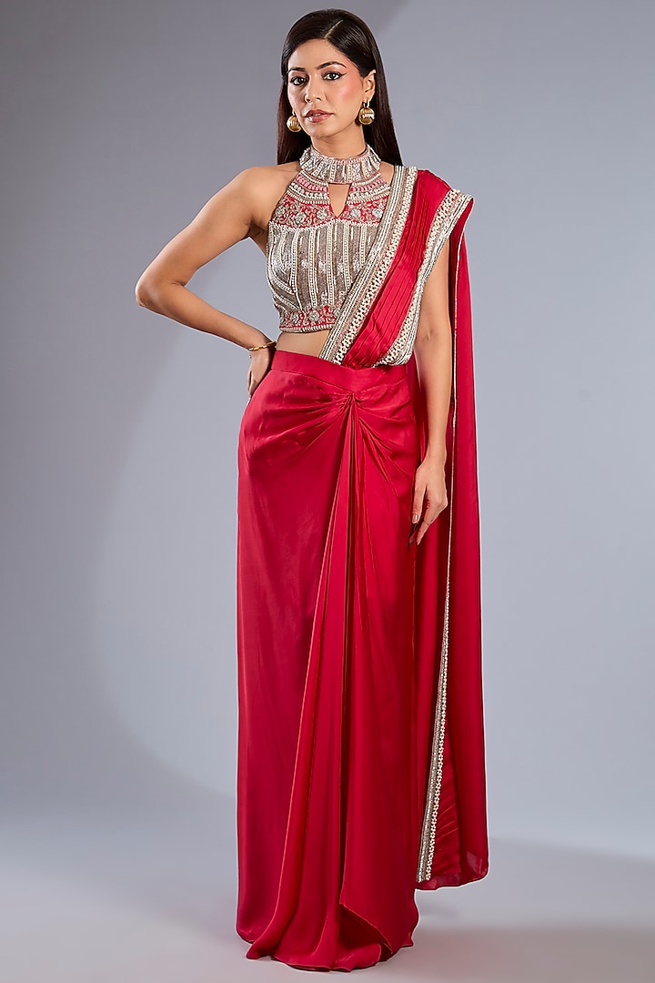 Red Satin & Dupion Silk Draped Skirt Reception Saree Set by Rashi Kapoor at Pernia's Pop Up Shop