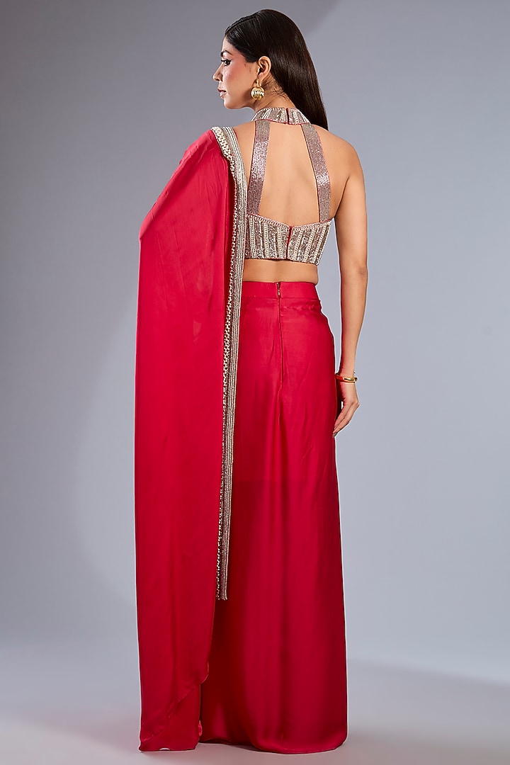 Red Satin & Dupion Silk Draped Skirt Reception Saree Set by Rashi Kapoor at Pernia's Pop Up Shop