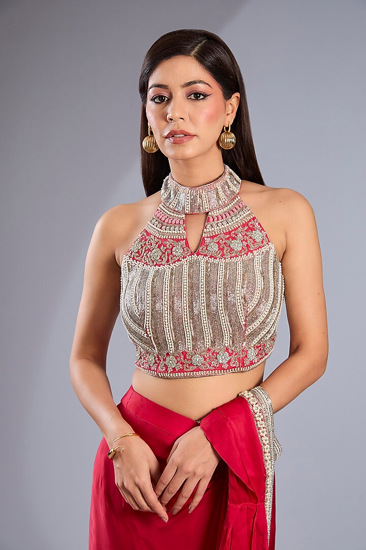Red Satin & Dupion Silk Draped Skirt Reception Saree Set by Rashi Kapoor at Pernia's Pop Up Shop