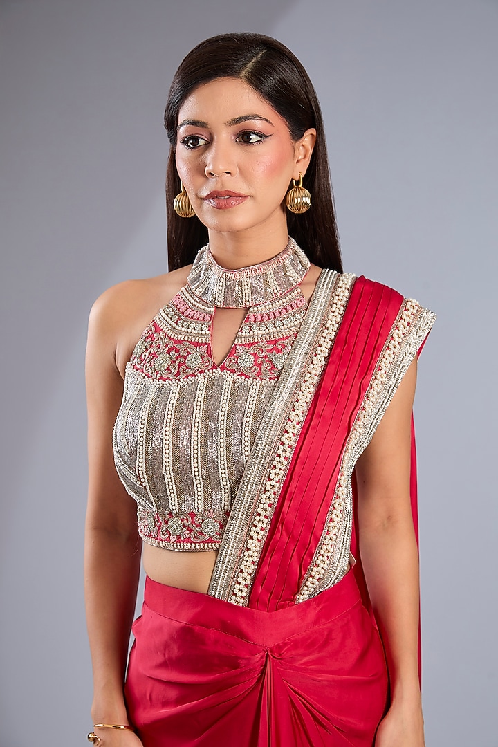 Red Satin & Dupion Silk Draped Skirt Reception Saree Set by Rashi Kapoor at Pernia's Pop Up Shop