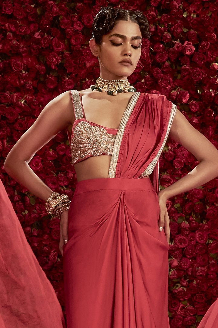 Red Satin & Dupion Silk Draped Skirt Reception Saree Set by Rashi Kapoor at Pernia's Pop Up Shop