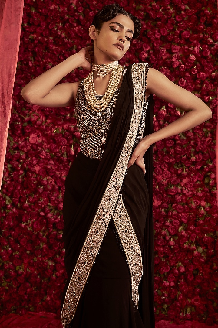 Black Georgette & Dupion Silk Layered Skirt Reception Saree Set by Rashi Kapoor at Pernia's Pop Up Shop