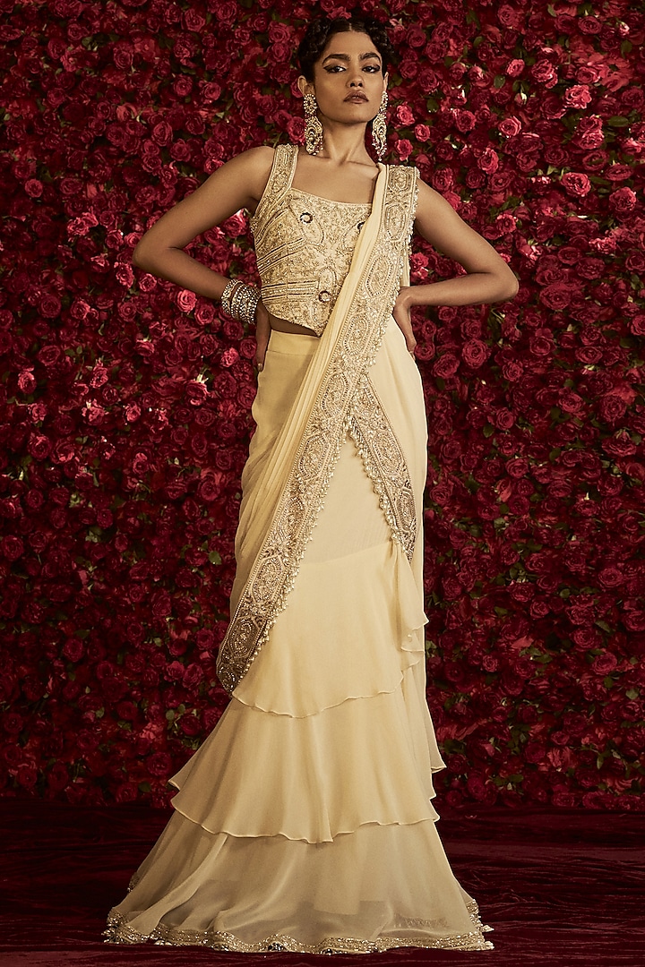 Ivory Georgette & Dupion Silk Layered Skirt Saree Set by Rashi Kapoor at Pernia's Pop Up Shop