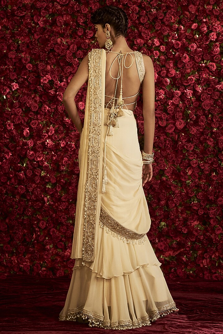 Ivory Georgette & Dupion Silk Layered Skirt Reception Saree Set by Rashi Kapoor at Pernia's Pop Up Shop
