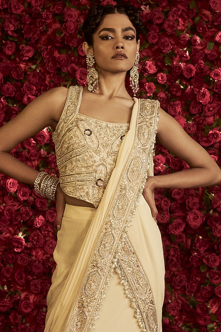 Ivory Georgette & Dupion Silk Layered Skirt Reception Saree Set by Rashi Kapoor at Pernia's Pop Up Shop