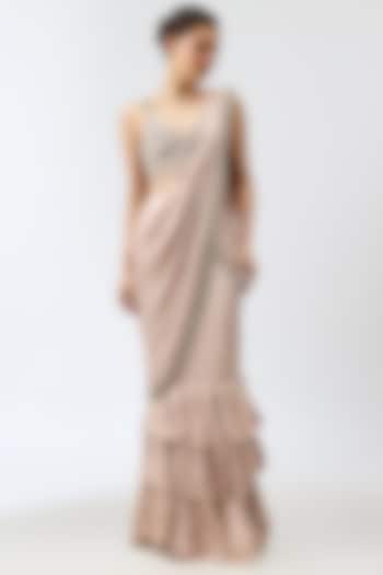 Taupe Silk Satin Layered Skirt Reception Saree Set by Rashi Kapoor at Pernia's Pop Up Shop