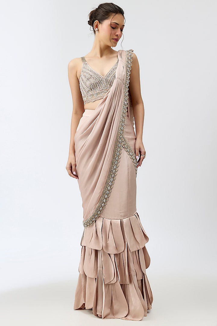 Taupe Silk Satin Layered Skirt Reception Saree Set by Rashi Kapoor at Pernia's Pop Up Shop