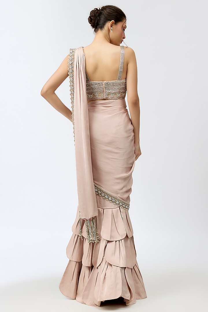 Taupe Silk Satin Layered Skirt Reception Saree Set by Rashi Kapoor at Pernia's Pop Up Shop