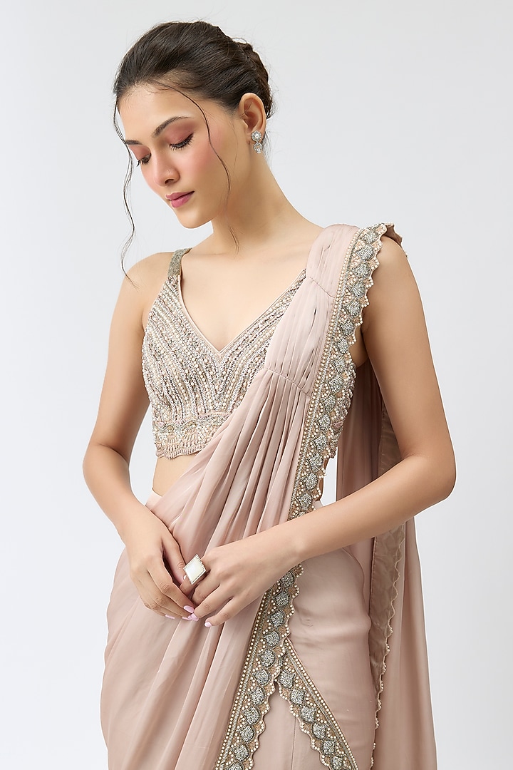 Taupe Silk Satin Layered Skirt Reception Saree Set by Rashi Kapoor at Pernia's Pop Up Shop