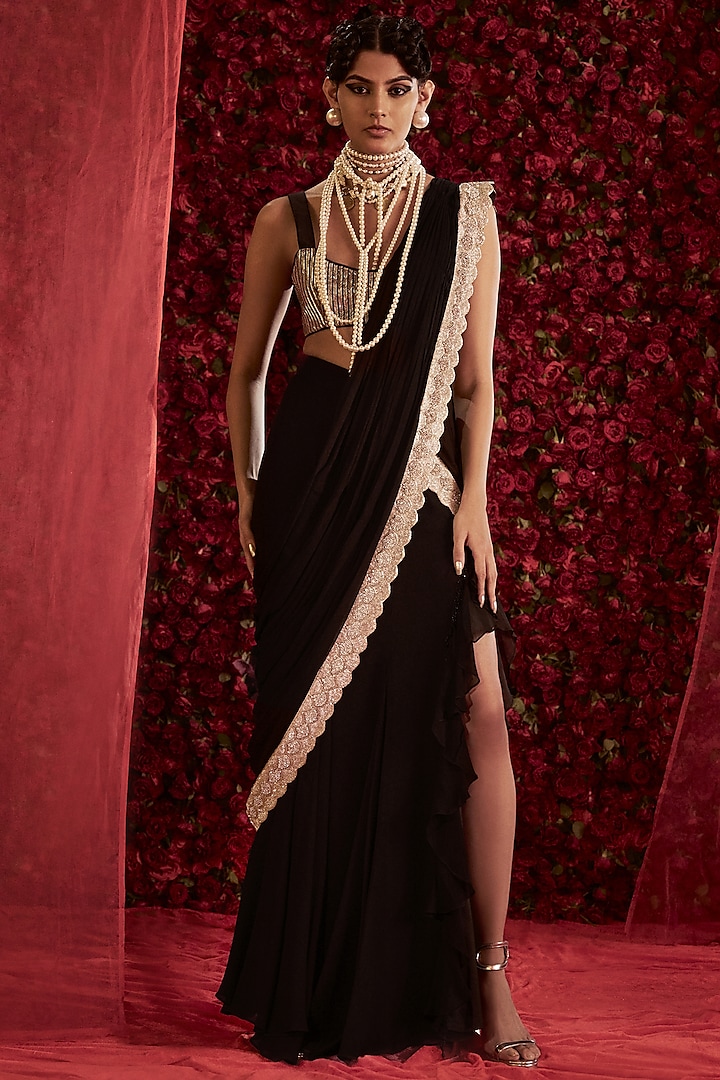 Black Georgette & Upada Silk Slit Skirt Saree Set by Rashi Kapoor at Pernia's Pop Up Shop