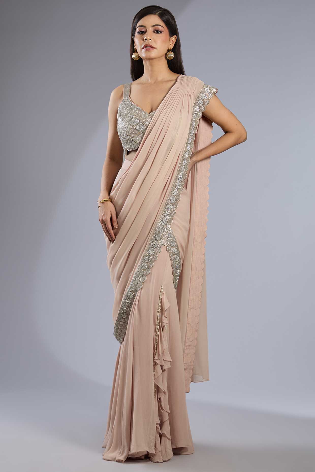 Taupe Georgette & Dupion Embroidered Draped Reception Saree Set by Rashi Kapoor at Pernia's Pop Up Shop