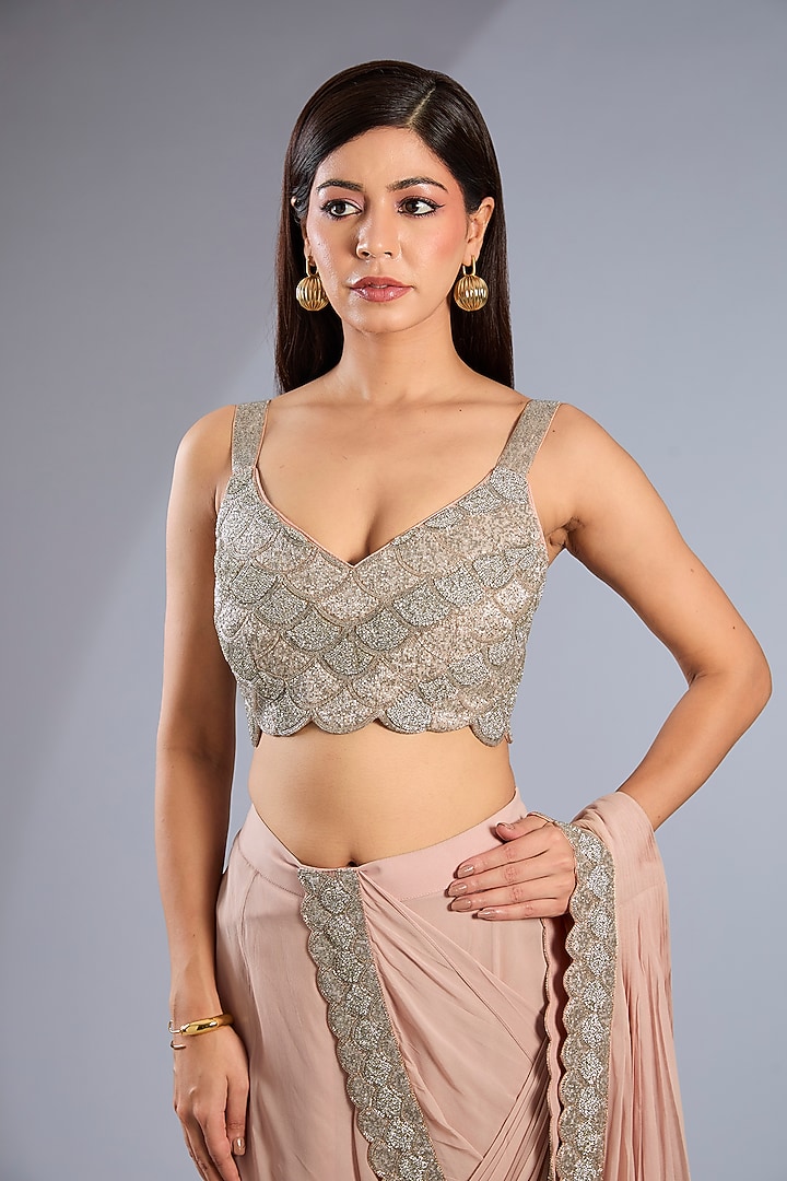 Taupe Georgette & Dupion Embroidered Draped Saree Set by Rashi Kapoor at Pernia's Pop Up Shop