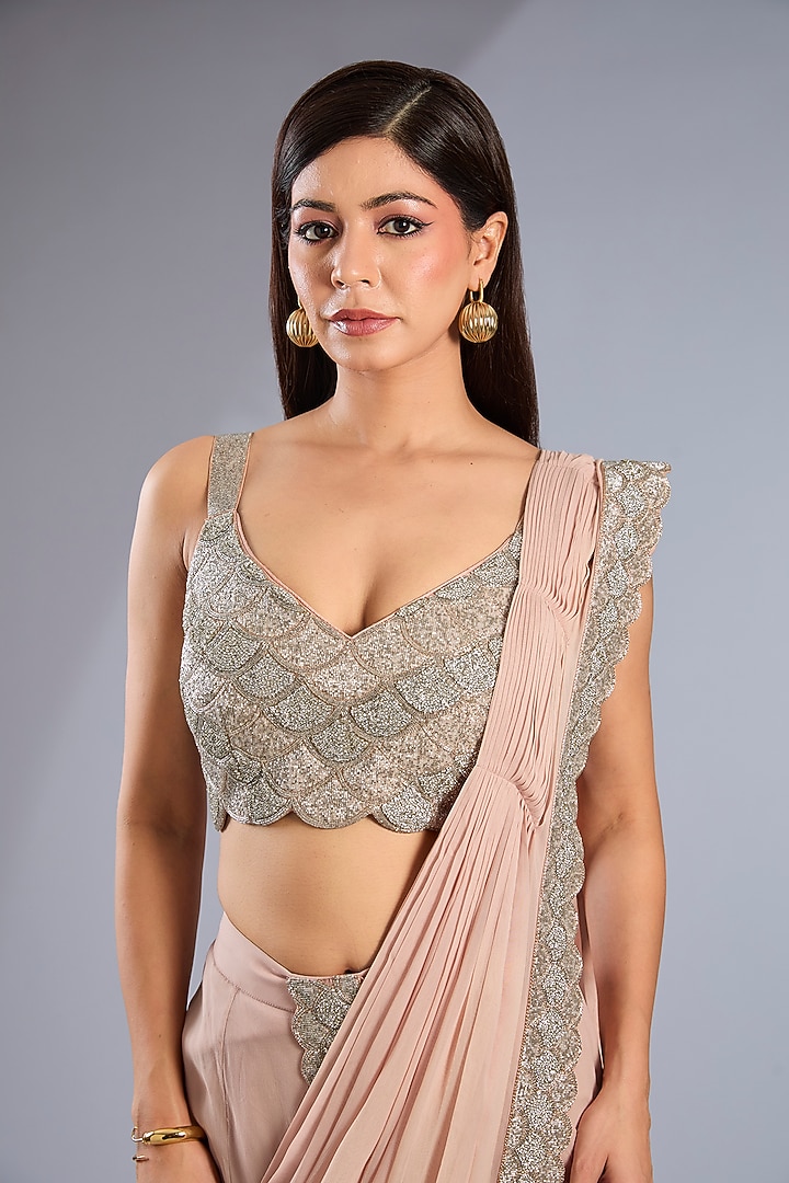 Taupe Georgette & Dupion Embroidered Draped Saree Set by Rashi Kapoor at Pernia's Pop Up Shop