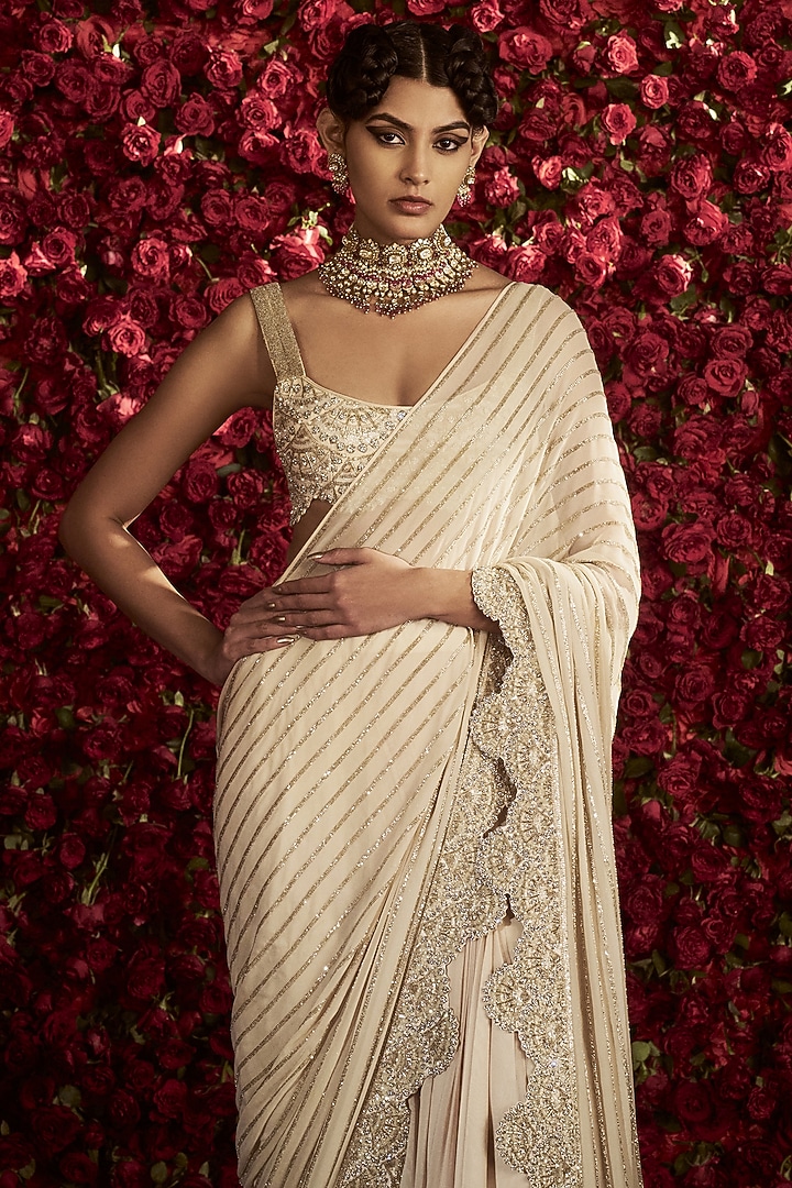 Ivory Georgette & Organza Draped Sharara Saree Set by Rashi Kapoor at Pernia's Pop Up Shop