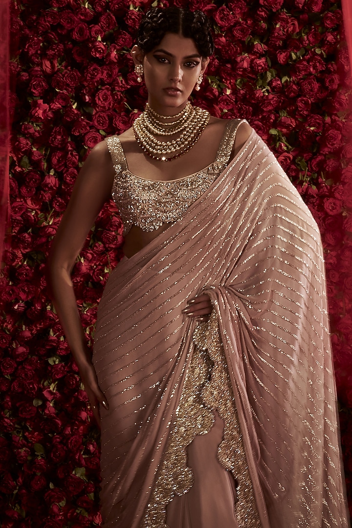 Taupe Georgette & Organza Draped Sharara Reception Saree Set by Rashi Kapoor at Pernia's Pop Up Shop