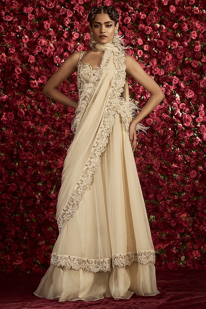 Ivory Chiffon & Organza Hand Embroidered Layered Skirt Saree Set by Rashi Kapoor at Pernia's Pop Up Shop