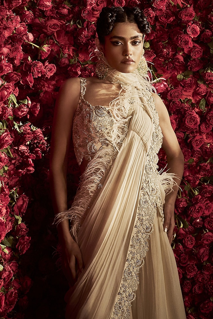 Ivory Chiffon & Organza Hand Embroidered Layered Skirt Saree Set by Rashi Kapoor at Pernia's Pop Up Shop