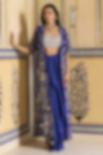Royal Blue Satin Draped Skirt Set by Rashi Kapoor at Pernia's Pop Up Shop