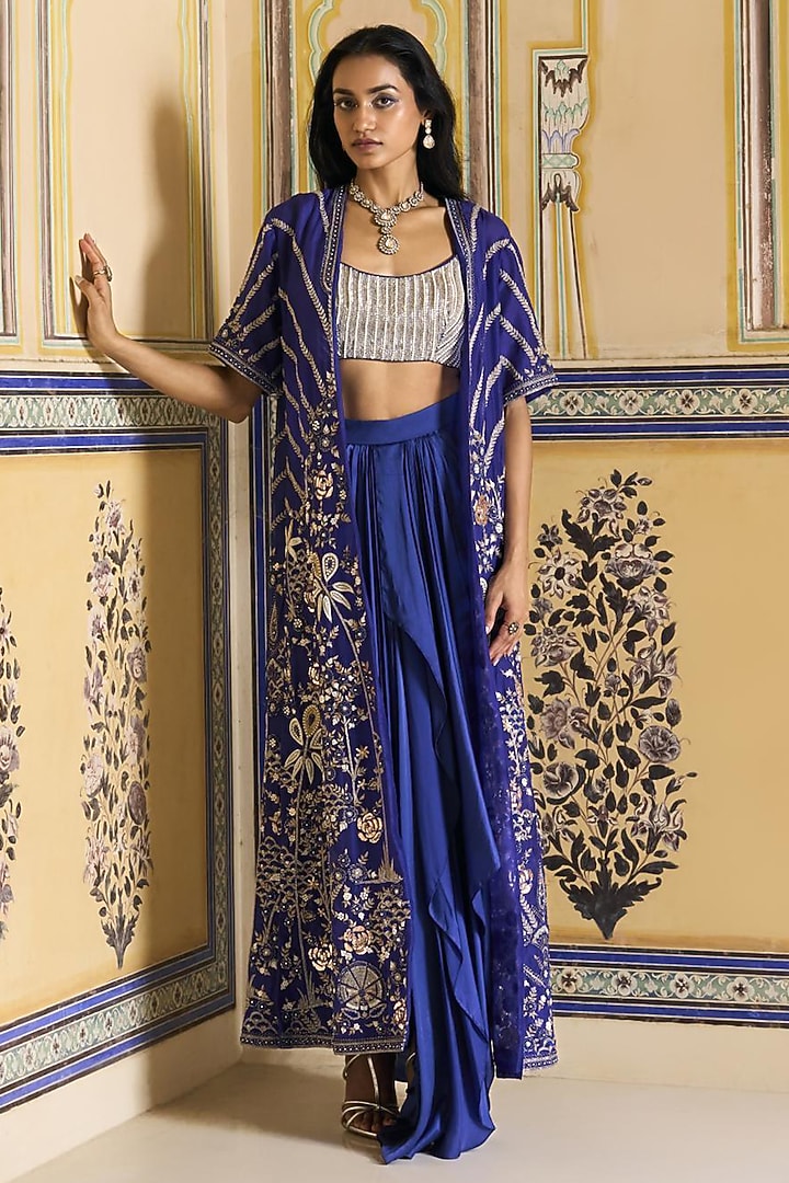 Royal Blue Satin Draped Skirt Set by Rashi Kapoor at Pernia's Pop Up Shop