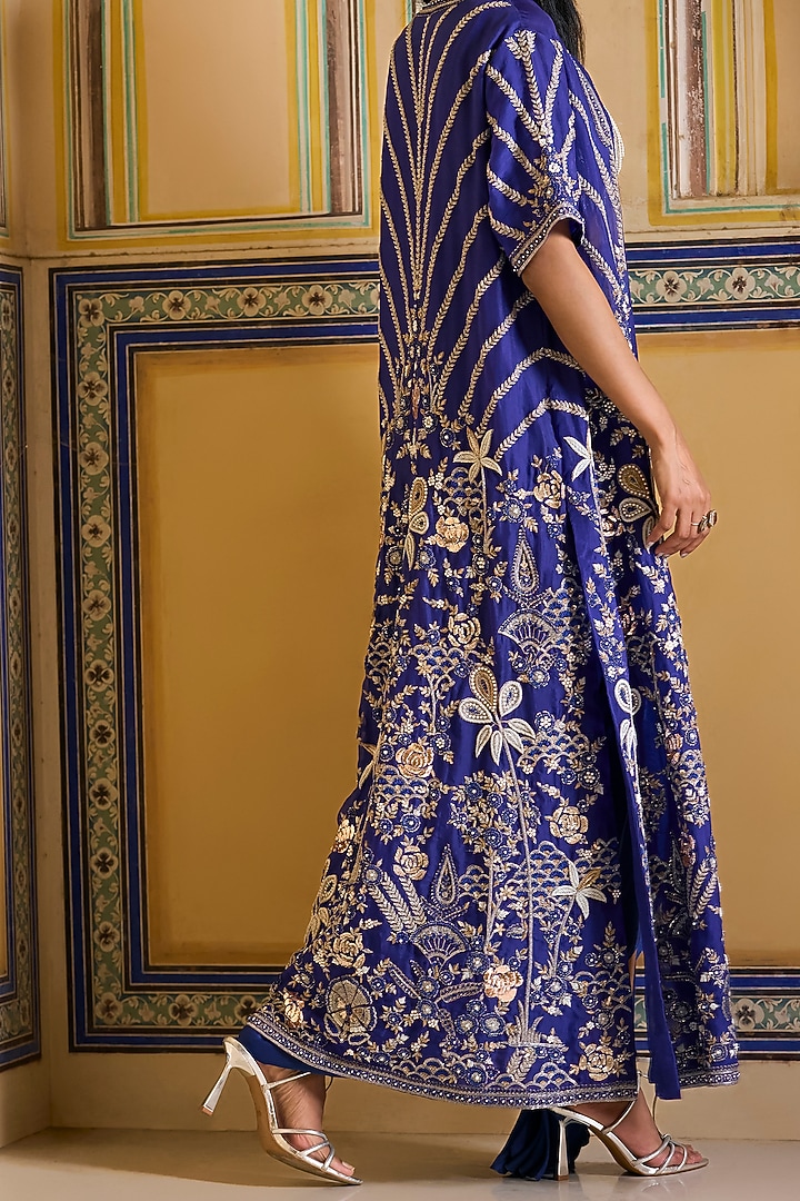 Royal Blue Satin Draped Skirt Set by Rashi Kapoor at Pernia's Pop Up Shop