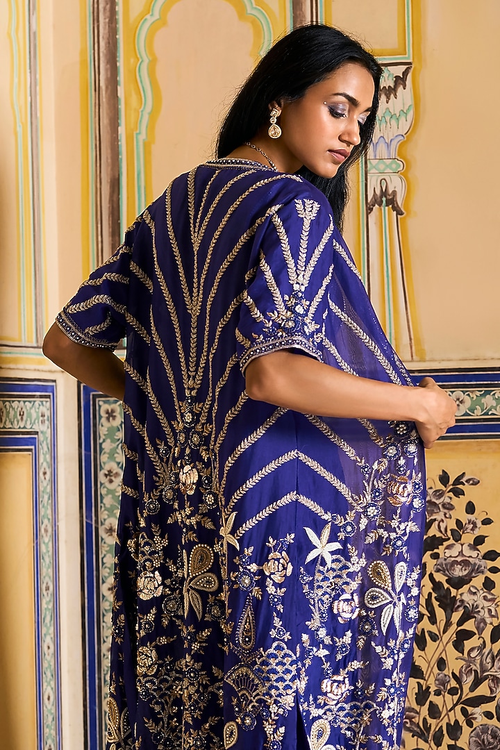 Royal Blue Satin Draped Skirt Set by Rashi Kapoor at Pernia's Pop Up Shop