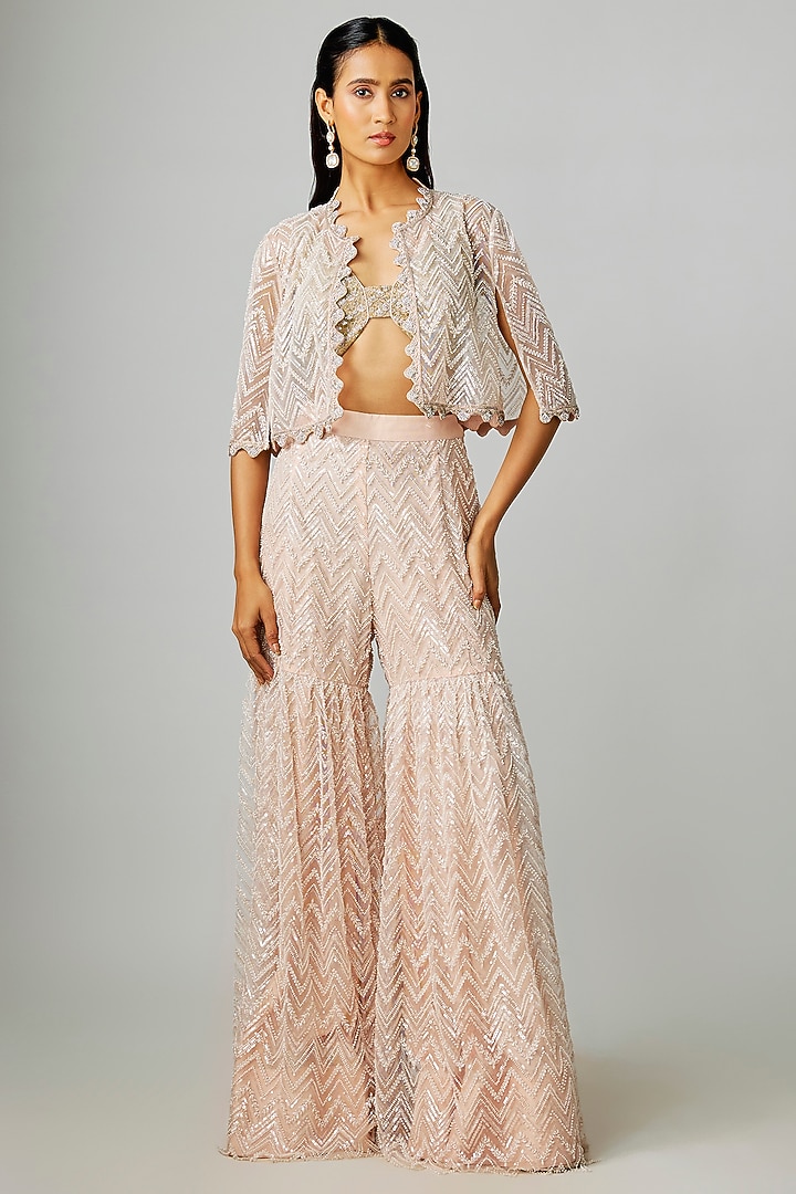 Baby Pink Net Embroidered Bridal Sharara Set by Rashi Kapoor at Pernia's Pop Up Shop