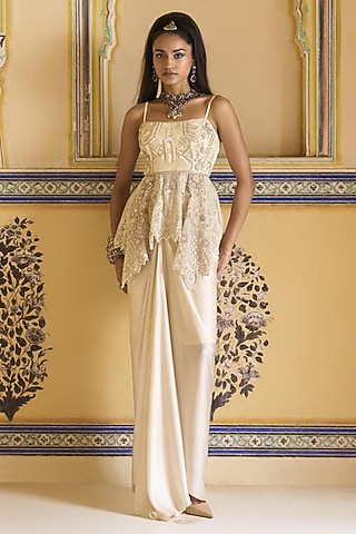 Ivory Satin Draped Mermaid Skirt Set by Rashi Kapoor