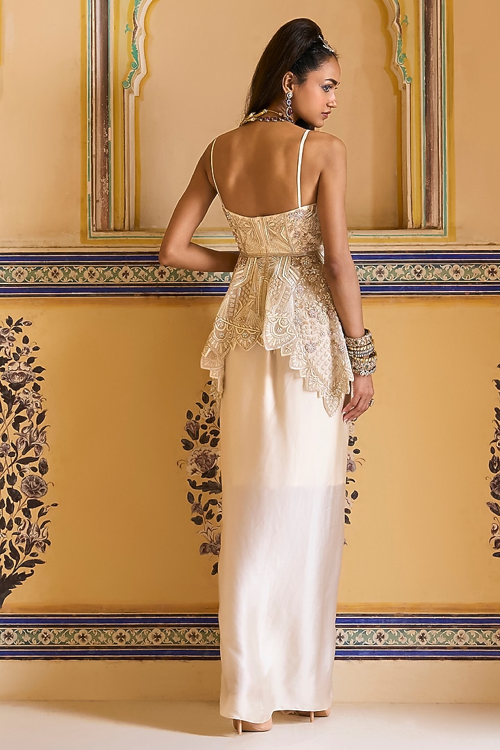 Ivory Satin Draped Mermaid Skirt Set by Rashi Kapoor at Pernia's Pop Up Shop
