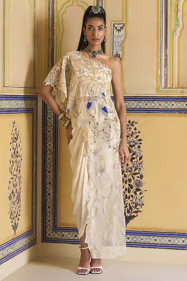 Ivory Satin Draped Skirt Set by Rashi Kapoor at Pernia's Pop Up Shop