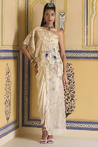 Ivory Satin Draped Skirt Set by Rashi Kapoor