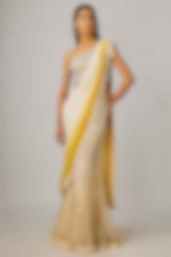 Ivory-Yellow Tulle & Georgette Shaded Draped Skirt Reception Saree Set by Rashi Kapoor at Pernia's Pop Up Shop