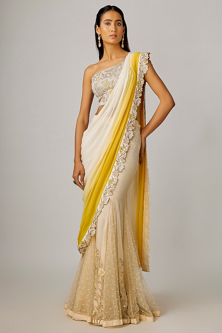 Ivory-Yellow Tulle & Georgette Shaded Draped Skirt Reception Saree Set by Rashi Kapoor at Pernia's Pop Up Shop