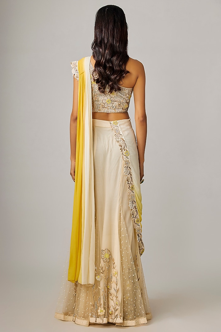 Ivory-Yellow Tulle & Georgette Shaded Draped Skirt Reception Saree Set by Rashi Kapoor at Pernia's Pop Up Shop