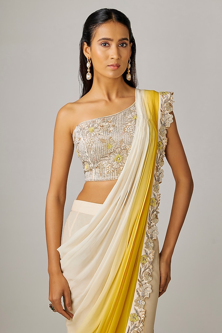 Ivory-Yellow Tulle & Georgette Shaded Draped Skirt Reception Saree Set by Rashi Kapoor at Pernia's Pop Up Shop