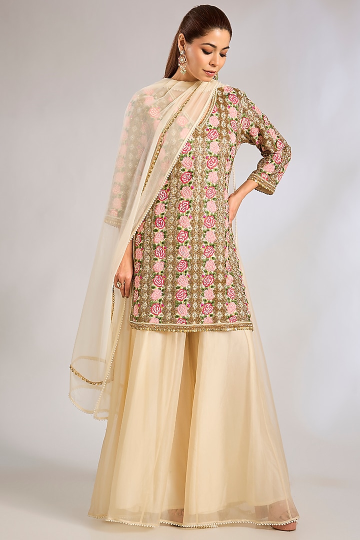Ivory & Gold Silk Organza Bridal Sharara Set by Rashi Kapoor at Pernia's Pop Up Shop