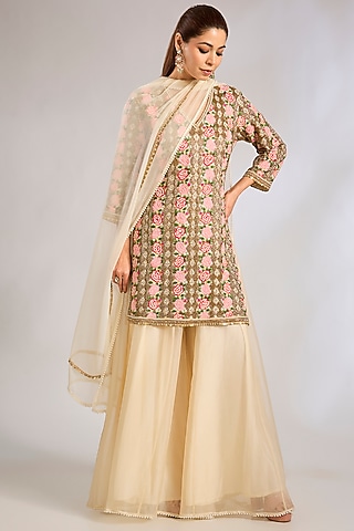 Ivory & Gold Silk Organza Sharara Set by Rashi Kapoor