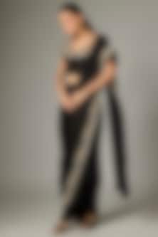 Black Silk Satin Hand Embroidered Draped SKirt Saree Set by Rashi Kapoor
