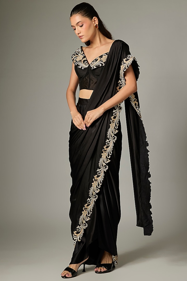 Black Silk Satin Hand Embroidered Draped SKirt Reception Saree Set by Rashi Kapoor at Pernia's Pop Up Shop