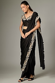 Black Silk Satin Hand Embroidered Draped SKirt Saree Set by Rashi Kapoor-POPULAR PRODUCTS AT STORE