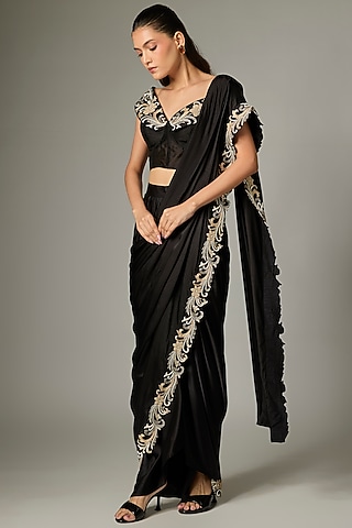 Black Silk Satin Hand Embroidered Draped SKirt Saree Set by Rashi Kapoor